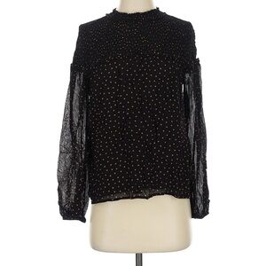 Sanctuary Black Blouse with Orange Dots – Size XS | Mock Neck | Long Sleeve Top
